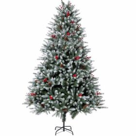 7FT Artificial Christmas Tree, Fiber Christmas Trees Pine Trees with 800 Branch Tips, Berries&Pine Cones Decor, Foldable Metal Base for Home, Off
