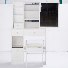 Small Size Left Drawer Desktop Vanity Table + Cushioned Stool, Extra Large Sliding Mirror, Multi Layer, High Capacity Storage Fashionable Dresser