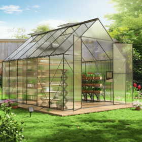 8x12 FT Greenhouse For Outdoors,Heavy Duty Polycarbonate Greenhouse,Large Walk-in Greenhouse With Roof Vent,Aluminum Hot House For Outside Green (Color: Silver)
