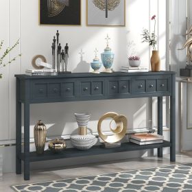 Rustic Entryway Console Table,60" Long Sofa Table with two Different Size Drawers and Bottom Shelf for Storage (Color: Navy, Material: Solid Wood)