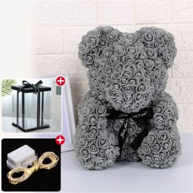 Rose Bear Artificial Flower With Box and Light Rose Teddy Bear Wedding Decor Christmas Women Valentines Girlfriend Birthday Gift (Color: Grey, Ships From: China)