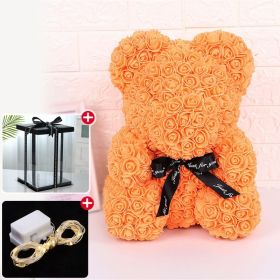 Rose Bear Artificial Flower With Box and Light Rose Teddy Bear Wedding Decor Christmas Women Valentines Girlfriend Birthday Gift (Color: Orange, Ships From: China)