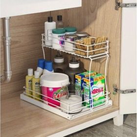 Two-layer sink organizer, pull out cabinet organizer Two-layer slide out of the sink cabinet organizer, kitchen bathroom cabinet sink organizer below (Color: as picture)