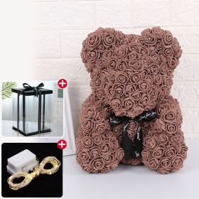 Rose Bear Artificial Flower With Box and Light Rose Teddy Bear Wedding Decor Christmas Women Valentines Girlfriend Birthday Gift (Color: Brown, Ships From: China)