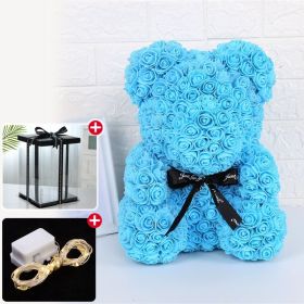 Rose Bear Artificial Flower With Box and Light Rose Teddy Bear Wedding Decor Christmas Women Valentines Girlfriend Birthday Gift (Color: Sky blue, Ships From: China)